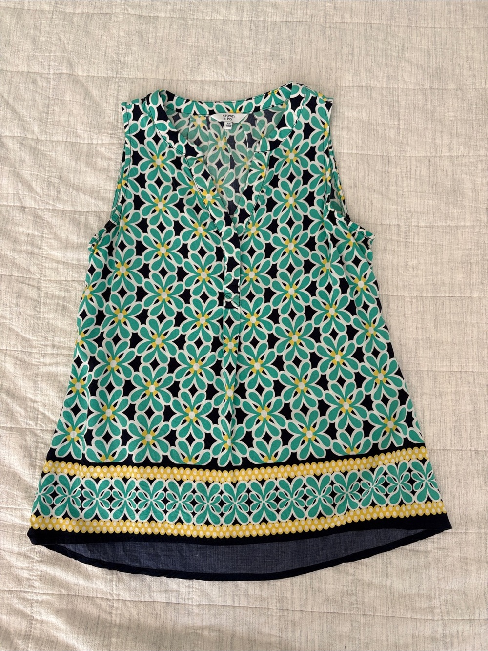 crown & ivy Teal, Navy & Yellow Floral Geometric Sleeveless Top